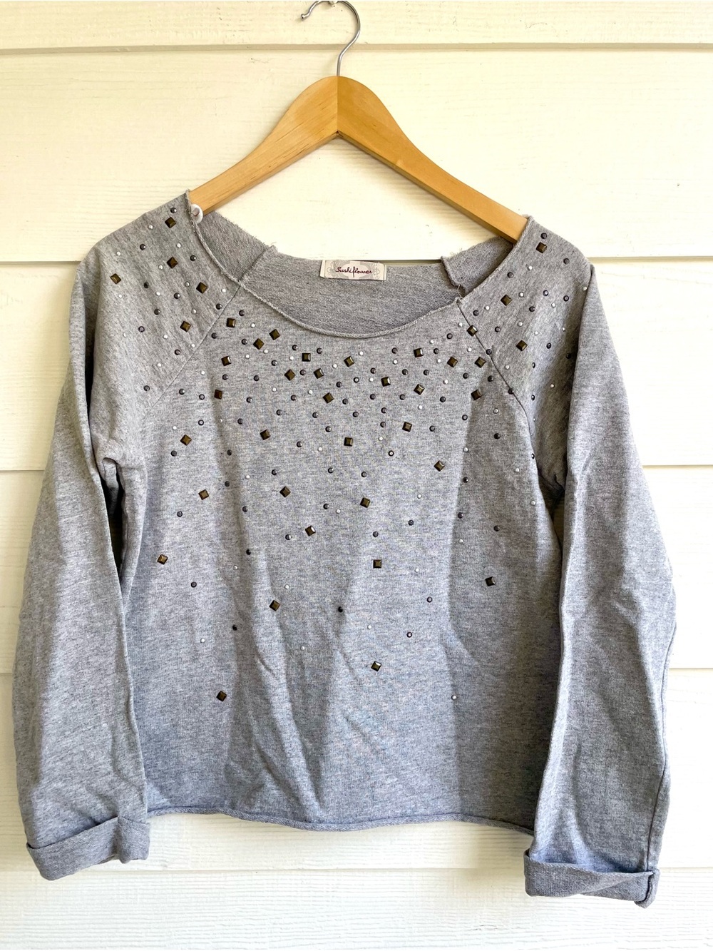 Embellished Sushiflower Grey Sweatshirt Womens size Small feminine whimsical top